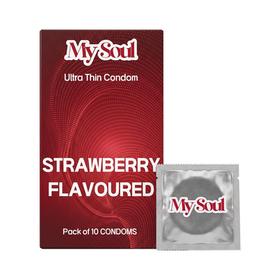 Ultra Thin Strawberry Flavored Condoms For Men | 60 Microns | 10 Units | Intense Fit with a Barely There Feel | With Disposable Pouches